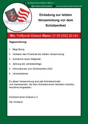 Einladung zur letzten Versammlung vor dem Schützenfest